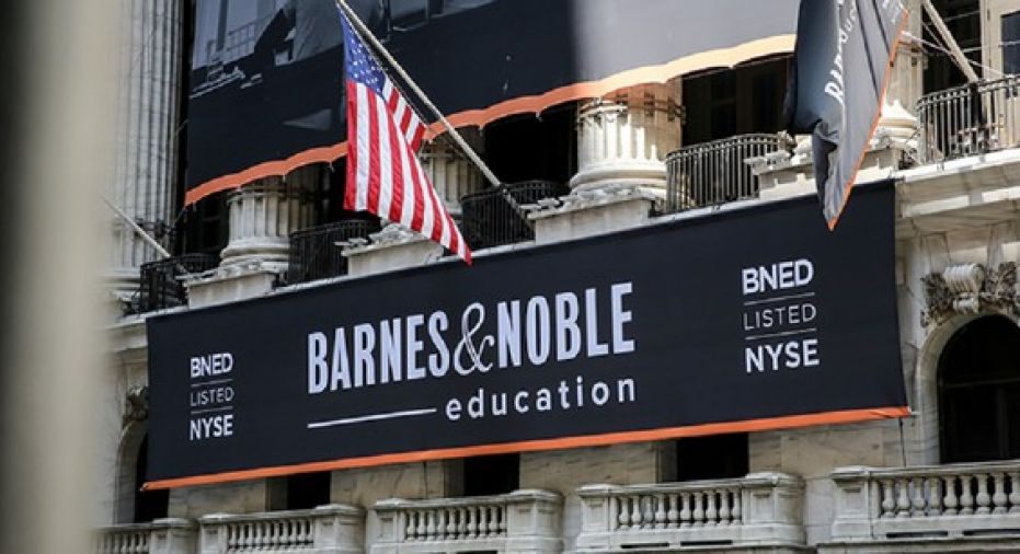 Barnes & Nobile Education banner outside the New York Stock Exchange the day BNED was listed